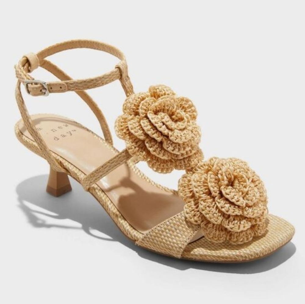 a new day | Tan Heeled Sandals with Crochet Floral Accents Size 10